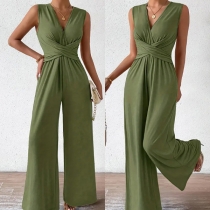 Fashion Solid Color Sleeveless V-neck Front Cross Waist Wide-leg Jumpsuit