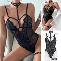 Fashion Halterneck Front Cutout Lace Spliced Gauze Lingerie Bodysuit