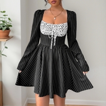 Fashion Square Neck Leopard Printed Stripe Printed Long Sleeve High-rise Mini Dress