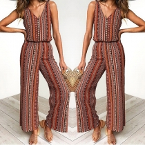 Jumpsuit with Striped Print Pattern, Suspender Straps and Comfortable Elastic Waist Design