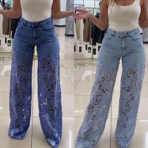 High Waist Wide Leg Denim Pants with Hollow Lace Stitching Details