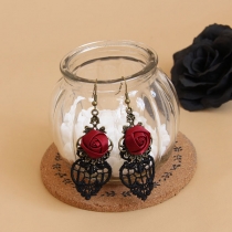Retro Alloy Earrings with Palace-Inspired Hollow Lace Design, Featuring Red Rose Details