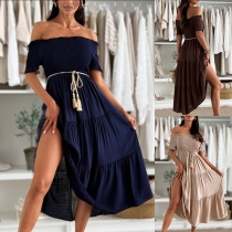 Fashion Solid Color Off-the-shoulder Short Sleeve Tiered Midi Dress