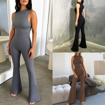 Half-High Collar Sleeveless Vest Jumpsuit with Flared Pants