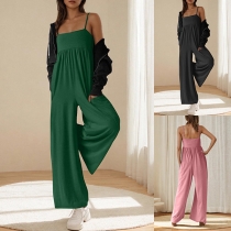 Casual Sleeveless Jumpsuit with Suspender Design and Wide Leg Bottom