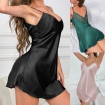 Nightdress in Imitation Silk Satin with Sexy Lace Details and Suspender Elements