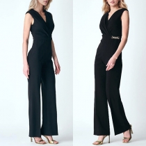 Elegant Solid Color V-neck Sleeveless Chain Straight-cut Jumpsuit