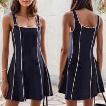 Simple Suspender Dress with Blue and White Line Decoration