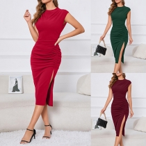 Fashion Crew Neck Sleeveless Side Slit Bodycon Dress