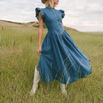 Fashion Crew Neck Ruffle Short Sleeve Front Button Denim Dress