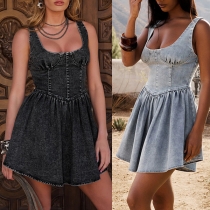 Tight-Fitting Stretch Denim Suspender Dress