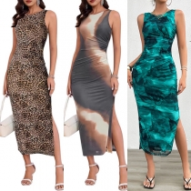 Round Neck Sleeveless Elegant Long Dress with Slit and Gradient Color Design