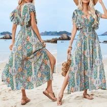 V-Neck Backless Rayon Dress with Prints Ruffled Sleeves and Slit Design