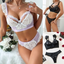 Elastic Lace Lingerie Set with Hollow Cup Bra and Matching Panties