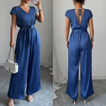 Jumpsuit with V-neck, self-tie waist and Wide-Leg Design