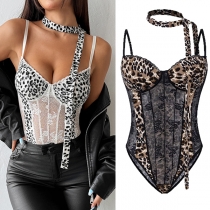 Sexy Leopard Print Lace Spliced Corset Bodysuit