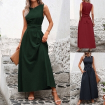 Casual Round Neck Sleeveless Dress with Waist Knot Pockets and Tie-Back Design