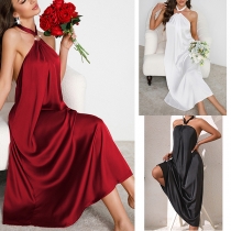 Off-Shoulder Halter Neck Long Dress in Solid Color