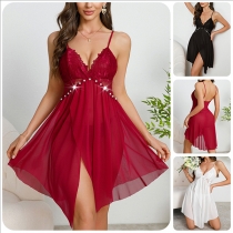 Lace Multicolor Suspender Nightdress with Pearl Embellishments and See-through Mesh Design