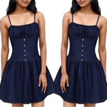 Denim Fashion Short Sleeveless Dress with One-shoulder Sling Design and Waist Detail