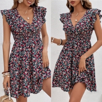 Small Floral Print High Waist Dress with Ruffle Details