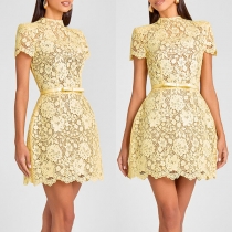 Sexy See-Through Lace Round Neck Short Dress