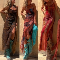 Sleeveless Printed Elastic Suspender Mesh Dress with Slit Detail