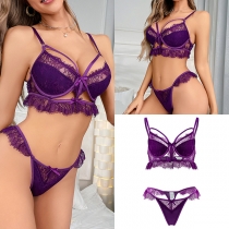Hollow Backless Two-Piece Lingerie Set with Eyelash Lace and See-Through Design