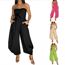 Sexy Solid Color Jumpsuit with Built-in Bra and Collar Detail