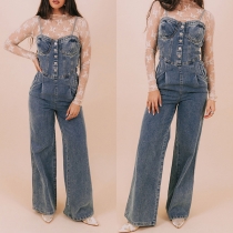 Vintage-Style Wide-Leg Distressed Denim Suspenders Jumpsuit