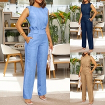 Fashion Solid Color Two-piece Set Consist of Sleeveless Shirt and Straight-cut Pants