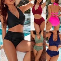Modest High-Waist Bikini Set with Cute Halter Neck Design