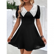 Fashion Contrast Color Lace Spliced Doll Collar Puff Short Sleeve Dress