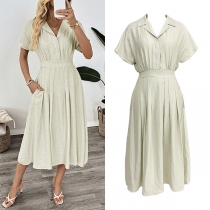 Fashion Notch Lapel Short Sleeve High-rise Side Pockets Midi Dress