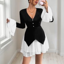 Elegant Contrast Color Dress with Ruffles