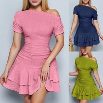 Fashion Slant Shoulder Short Sleeve Ruffle Hemline Mini Dress