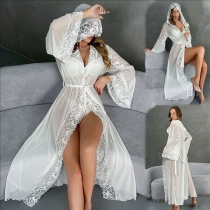 Sexy Mesh Hooded Bathrobe with Lace Details and Belt f