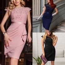 Elegant Crew Neck Lace Spliced Bodice Ruffle Bodycon Dress