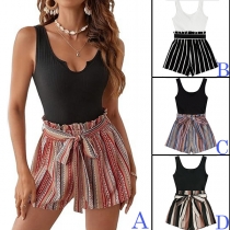 Fashion V-neck Sleeveless Self-tie Waist Verticial Stripe Printed Romper