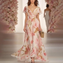 Rose-Patterned Maxi Dress with Comfortable Elastic Waist
