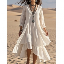 Cotton and Linen V-Neck Dress with Long Sleeves and Flared Skirt in Solid Color