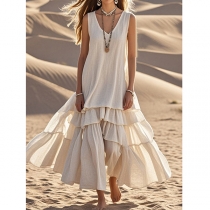 Cotton and Linen Loose Sleeveless Dress with Voluminous Skirt