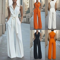 Solid Color Wide-Leg Jumpsuit for Office Wear