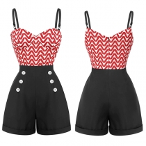 High-Waisted Suspender Jumpsuit with Decorative Buttons and Shorts Design