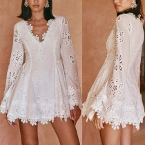 Long Sleeve V-Neck Short Dress with Lace Details and Slim Fit