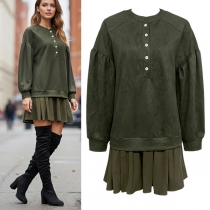 Fashion Front Button Crew Neck Long Sleeve Ruffle Spliced Hemline Dress