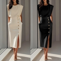 Round Neck Sleeveless Solid Color Long Dress with Button Detail and Slit