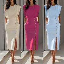 Round Neck Sleeveless Solid Color Long Dress with Button Detail and Slit