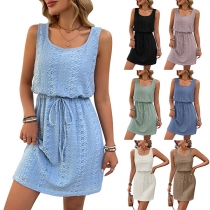Fashion Hollowout Square Neck Sleeveless Drawstring Waist Mini Dress