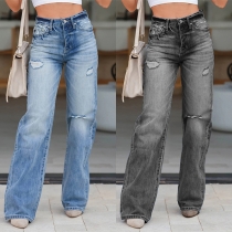 Fashion Mid-rise Distressed Straight-cut Old-washed Jeans